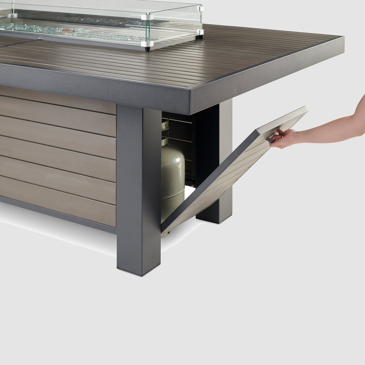 The Outdoor GreatRoom Kenwood and Brooks Linear Dining Height Gas Fire Pit Table