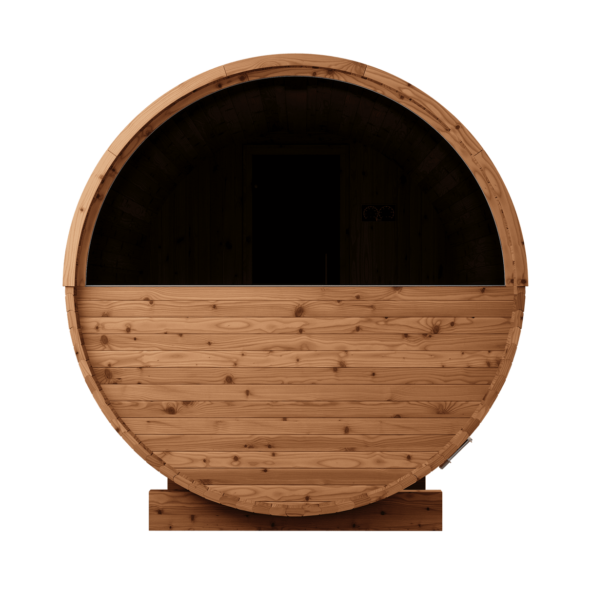 Rear view of Thermory Barrel Sauna Model #60 DIY Kit with half-window design and solid wood paneling. Built for privacy and outdoor use.