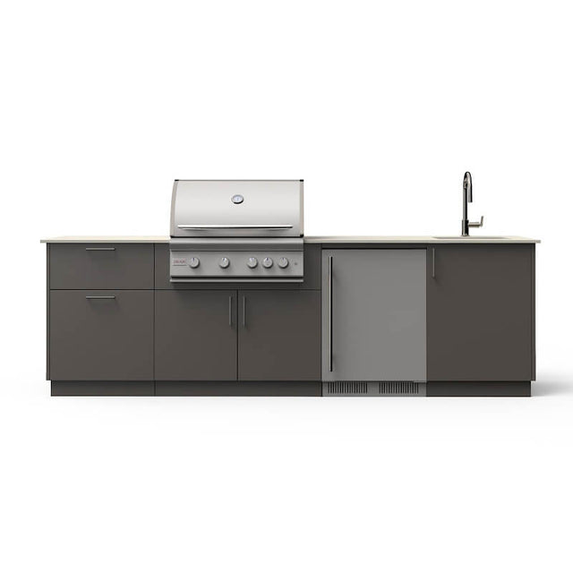 Blaze Golden Hour 10-Ft Outdoor Kitchen Island w/ Marine Grade 32-Inch Premium LTE+ Grill, Fridge, Sink in Gunmetal w/ Aeris Countertop