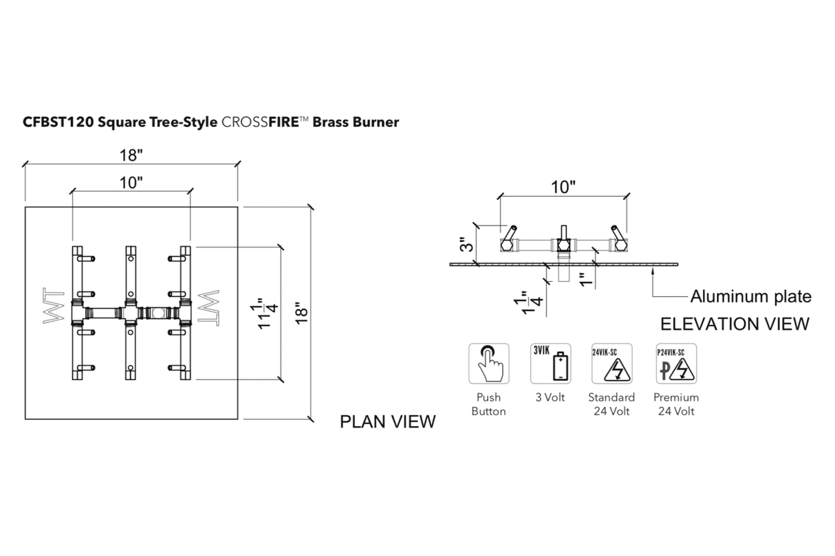 Crossfire CFBST Square Tree-Style Brass Gas Fire Pit Burner