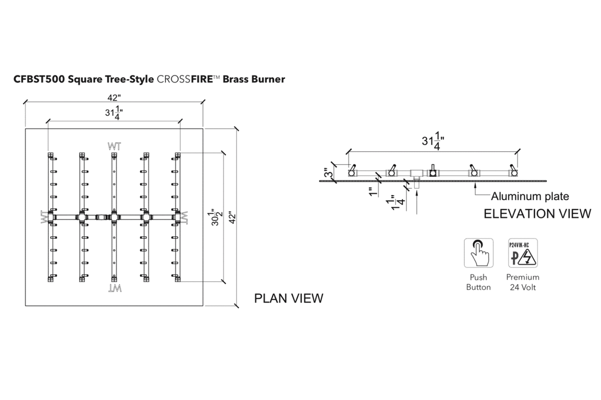 Crossfire CFBST Square Tree-Style Brass Gas Fire Pit Burner