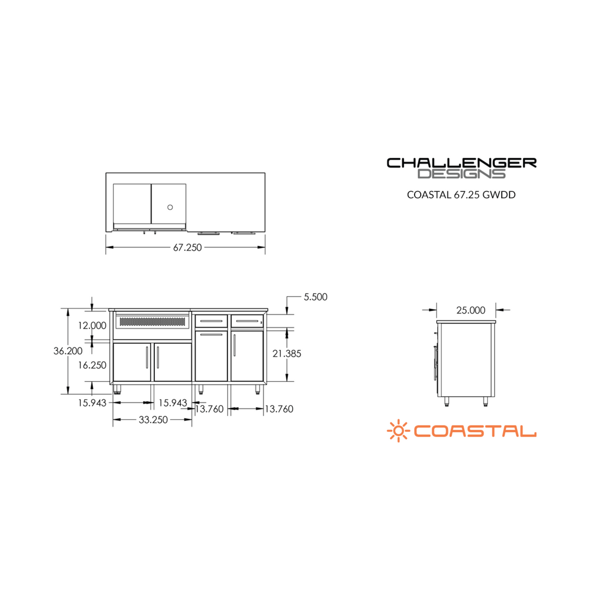 Challenger Designs Coastal 67.25 GWDD Powder Coated Aluminum Kitchen Island for 32 Inch Gas Grill