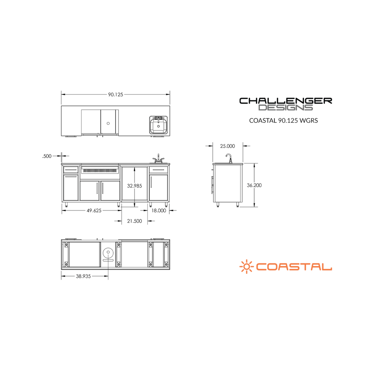 Challenger Designs Coastal 90.125 WGRS Powder Coated Aluminium Kitchen Island for 32 Inch Gas Grill with Refrigerator Opening and Sink Base