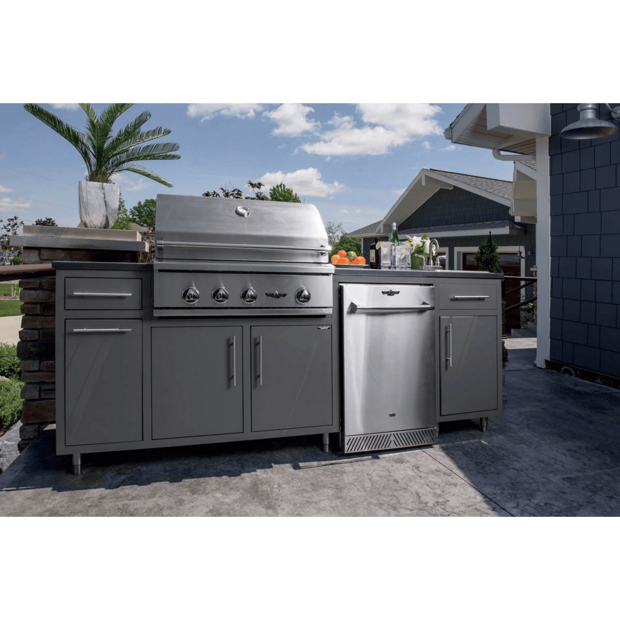 Challenger Designs Coastal 90.125 WGRS Powder Coated Aluminium Kitchen Island for 32 Inch Gas Grill with Refrigerator Opening and Sink Base