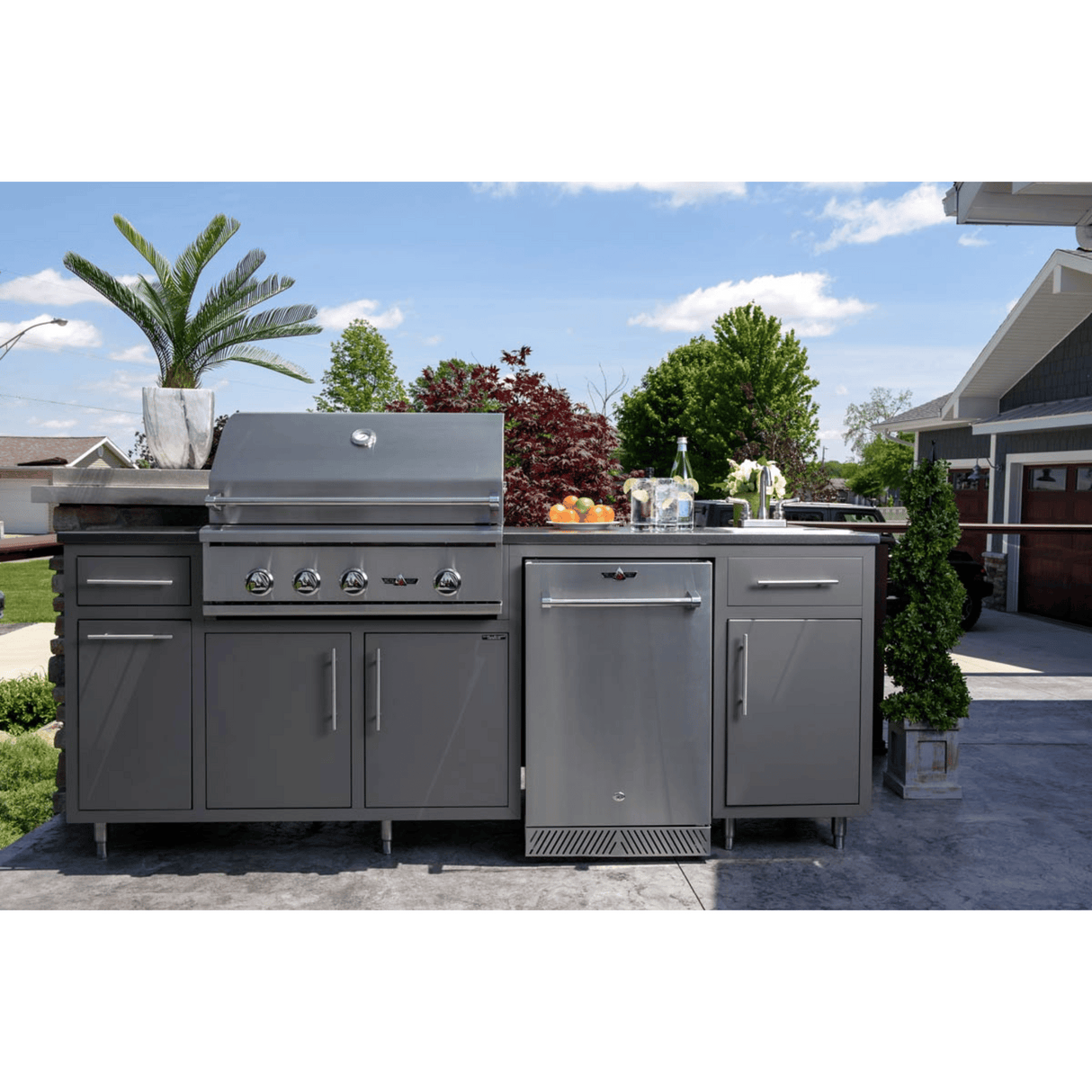 Challenger Designs Coastal 90.125 WGRS Powder Coated Aluminium Kitchen Island for 32 Inch Gas Grill with Refrigerator Opening and Sink Base