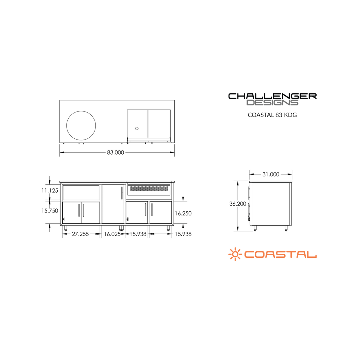 Challenger Designs Coastal 83-KDG Powder Coated Aluminum Kitchen Island for 32 Inch Grill & 26.5 Inch Ceramic Grill