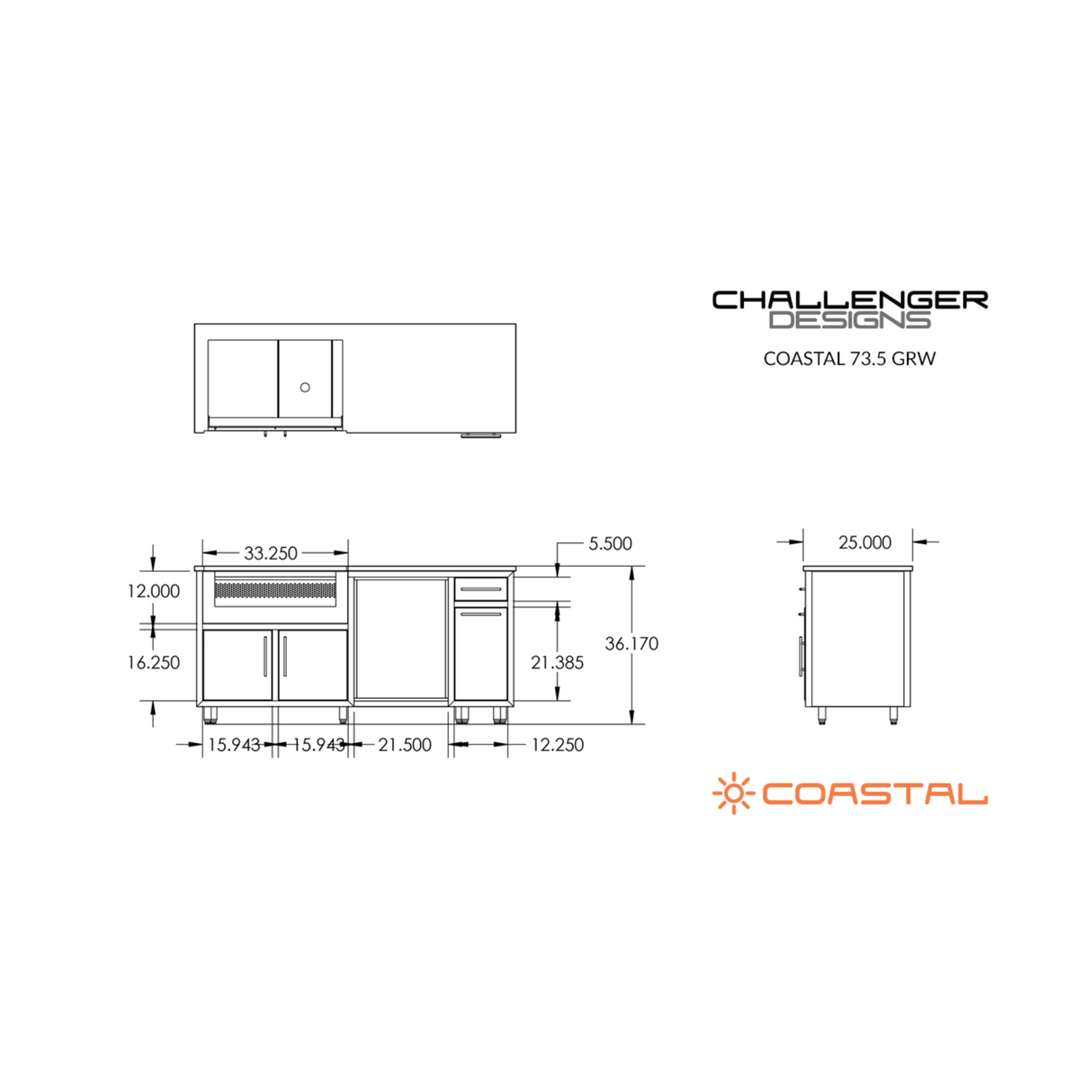 Challenger Designs Coastal 73.5 GRW Powder Coated Aluminium Kitchen Island for 32 Inch Gas Grill with Refrigerator Opening