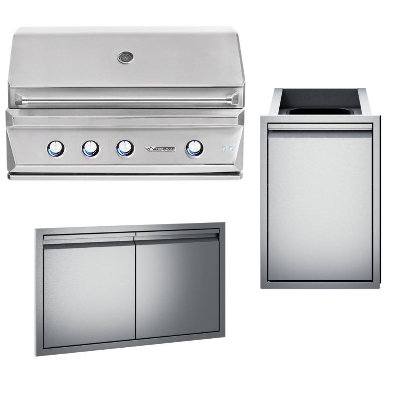 Twin Eagles 42 Inch Built-In Gas Grill Three Piece Package with Double Doors & Double Trash Drawer
