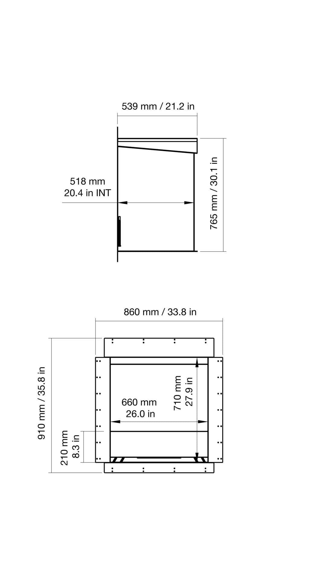 Technical drawing of EcoSmart Heritage 26SS Ethanol Fireplace Insert - ESF.HB.26SS with dimensions in inches and millimeters for installation planning.