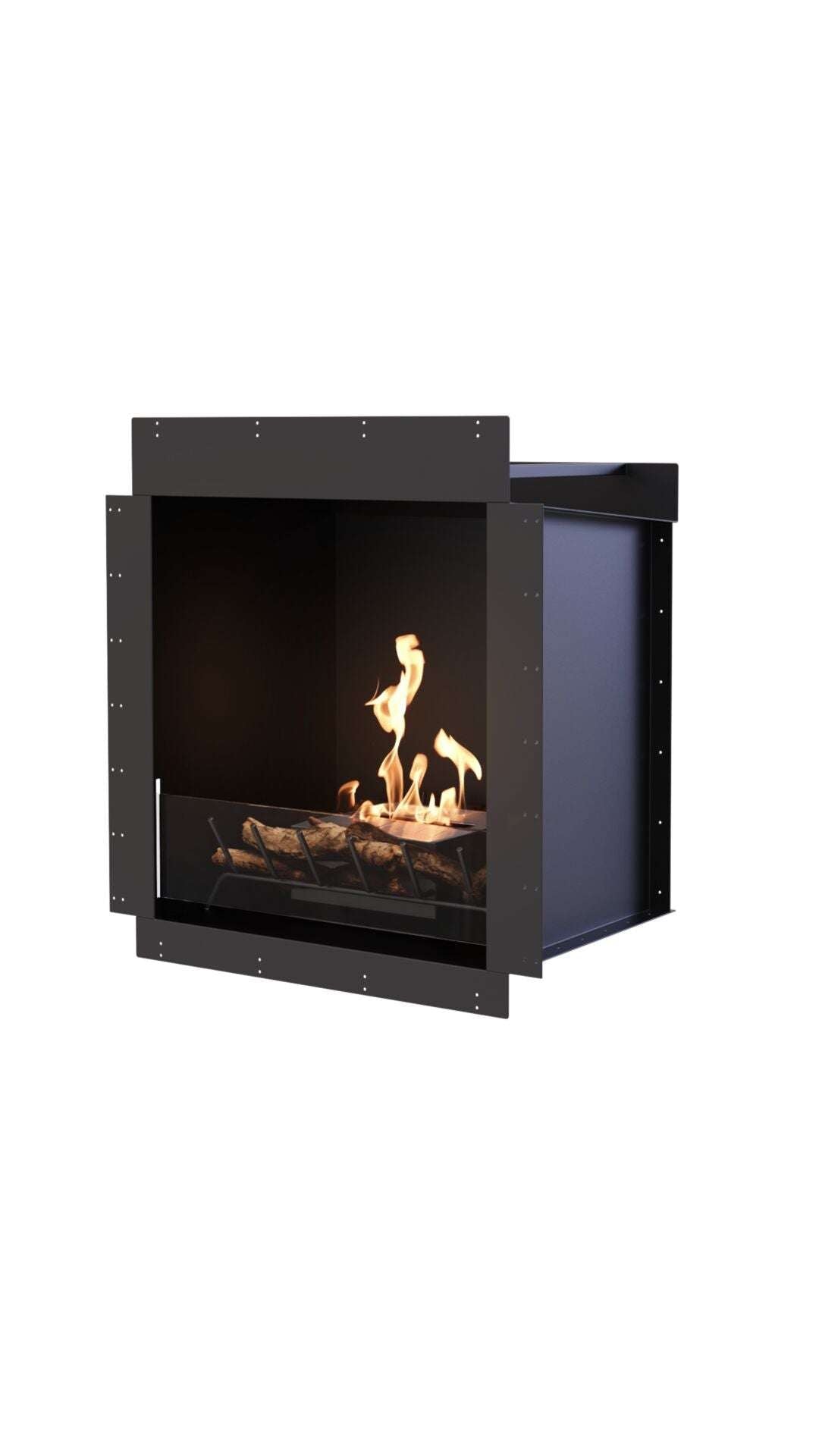 Angled view of EcoSmart Heritage 26SS Ethanol Fireplace Insert - ESF.HB.26SS showing black frame and visible flame over ceramic logs.