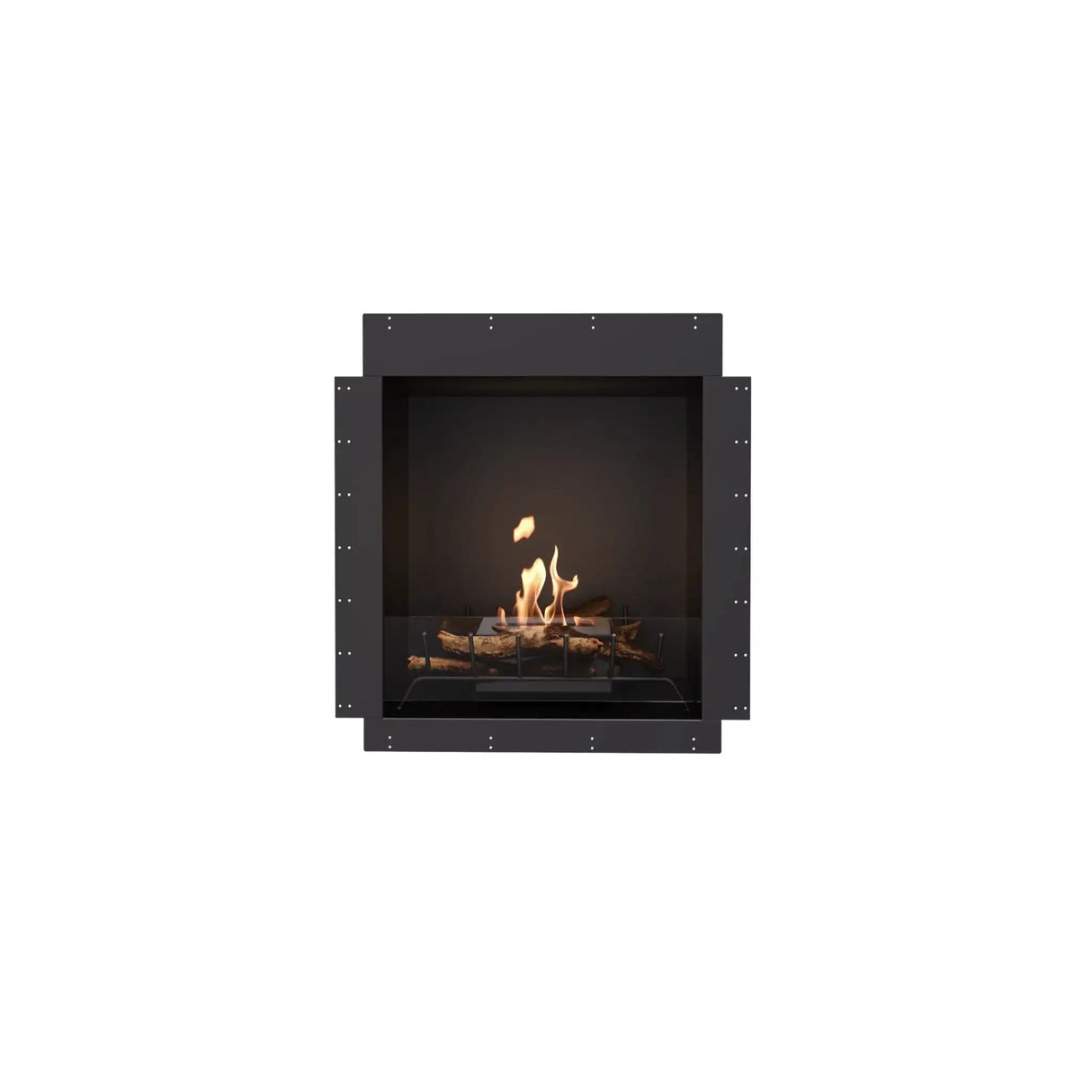 Centered view of EcoSmart Heritage 26SS Ethanol Fireplace Insert - ESF.HB.26SS with ethanol flame and black steel housing for home installation.