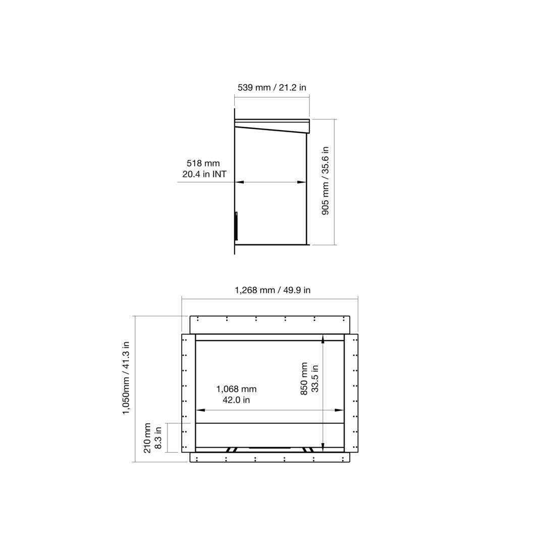 Technical dimensions of EcoSmart Heritage 42SS Ethanol Fireplace Insert, including width, height, and depth for precise indoor installation.