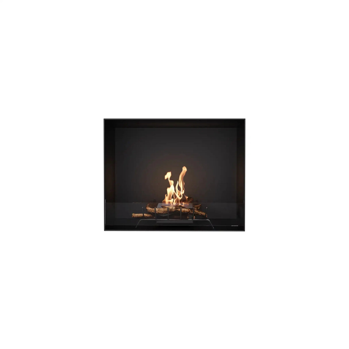 Front view of EcoSmart Heritage 42SS Ethanol Fireplace Insert showcasing clean-burning flame and sleek black design for home interiors.