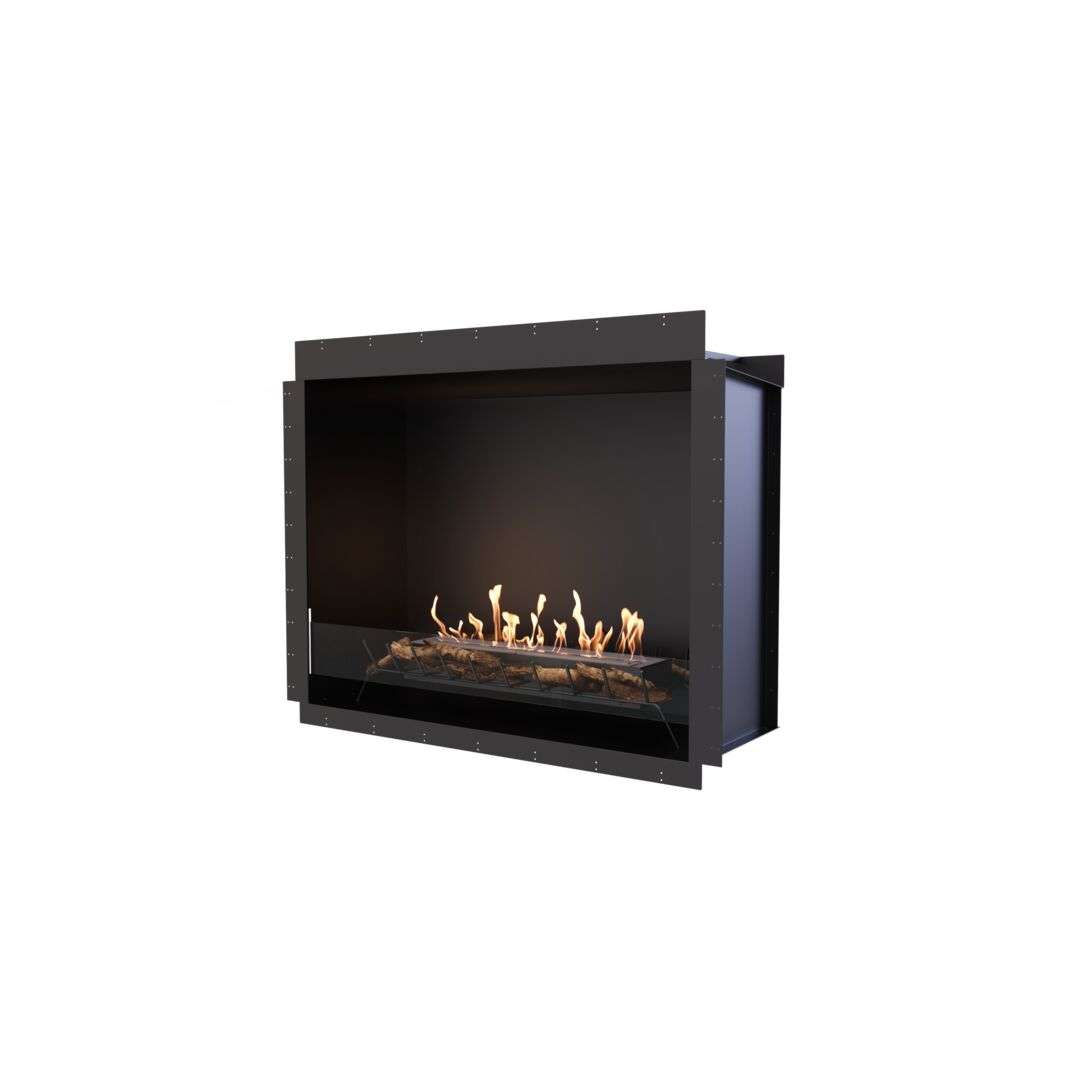 Angled view of EcoSmart Heritage 56SS Ethanol Fireplace Insert showcasing sleek black frame and realistic flame effect. Perfect for contemporary interiors.