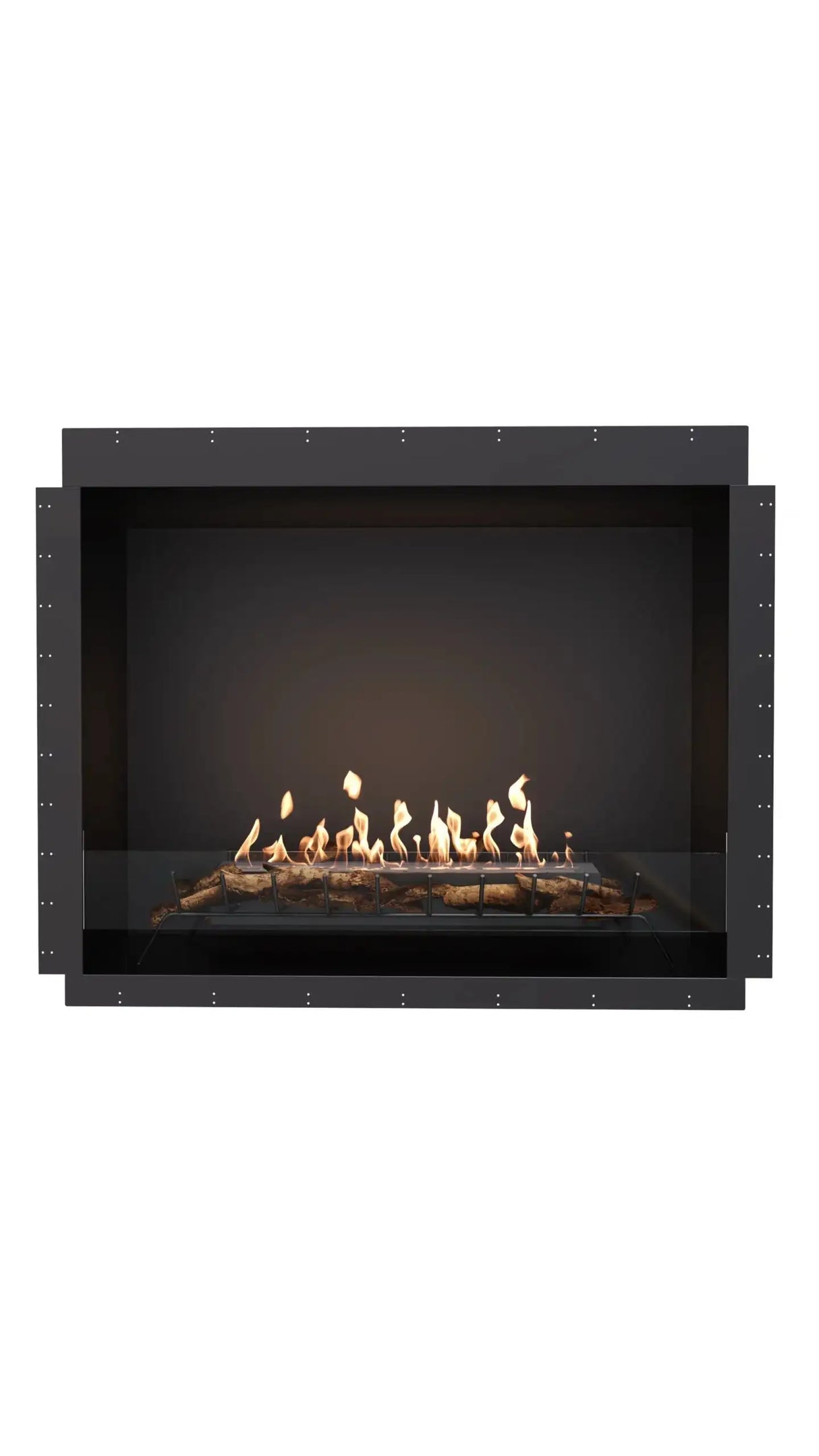 Front view of EcoSmart Heritage 56SS Ethanol Fireplace Insert with clean lines and vibrant flame. A premium indoor fireplace for home and garden décor.