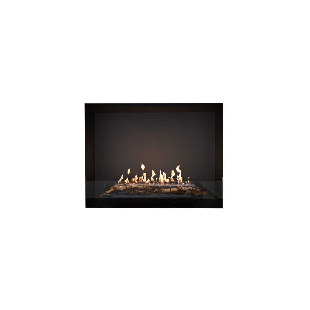 Compact centered view of EcoSmart Heritage 56SS Ethanol Fireplace Insert highlighting flame and log design. Ideal for eco-friendly indoor heating.