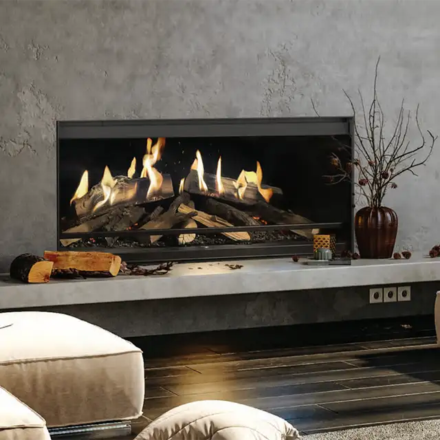 NetZero Fire E-One 130F 3D Electric Fireplace - Front - AA-11-05387 set in a minimalist interior with neutral tones and decorative accents on a sleek hearth.