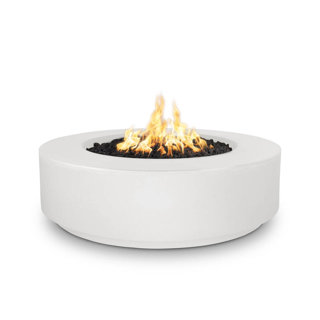 The Outdoor Plus Florence 42-inch GFRC concrete gas fire pit, 12 inch tall, in White Limestone