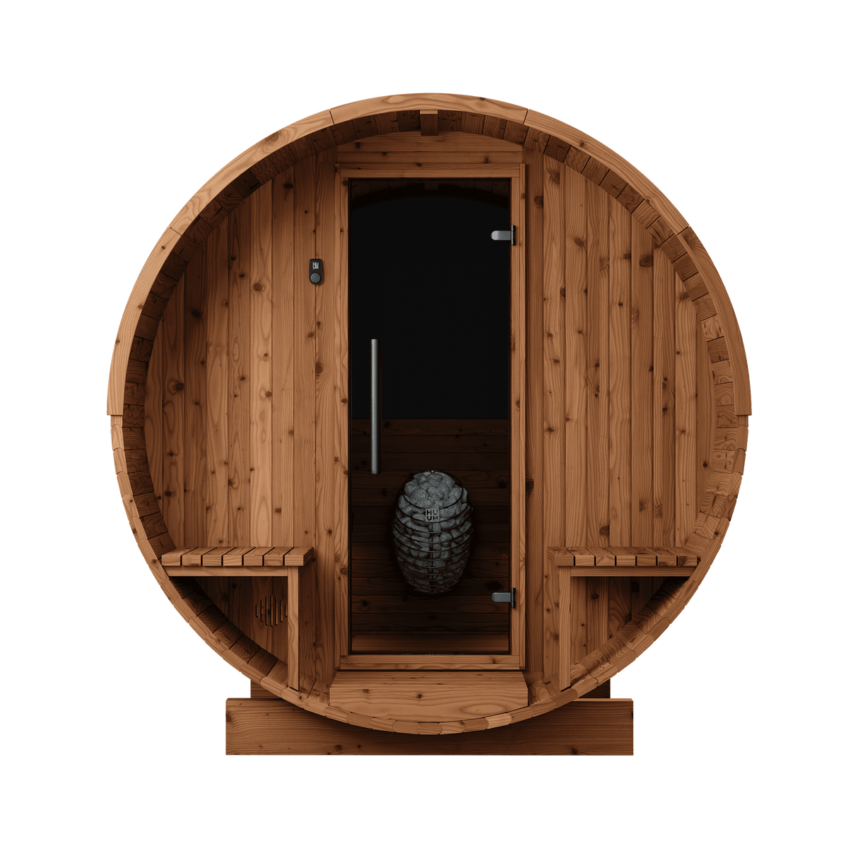 Front view of Thermory Barrel Sauna Model #60 DIY Kit with porch seating, glass door, and 7.5kw heater for 4 people. Ideal for outdoor spa setups.