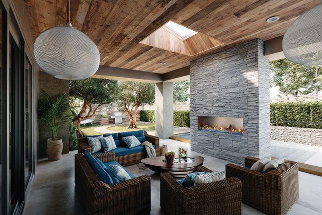 Napoleon Galaxy 74 outdoor gas fireplace installed in a backyard