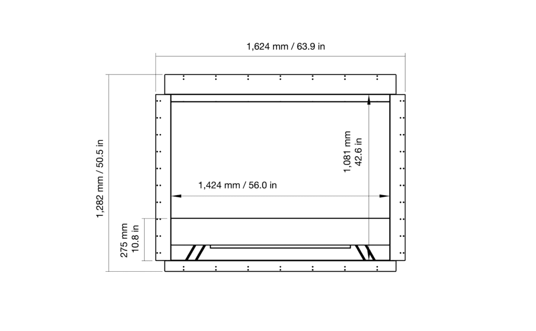 Technical front dimensions of EcoSmart Heritage 56SS Ethanol Fireplace Insert showing width and height in mm and inches. Useful for installation planning.