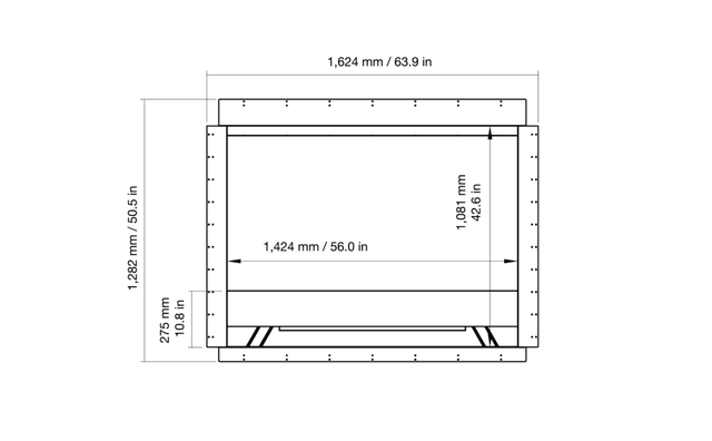 Technical front dimensions of EcoSmart Heritage 56SS Ethanol Fireplace Insert showing width and height in mm and inches. Useful for installation planning.