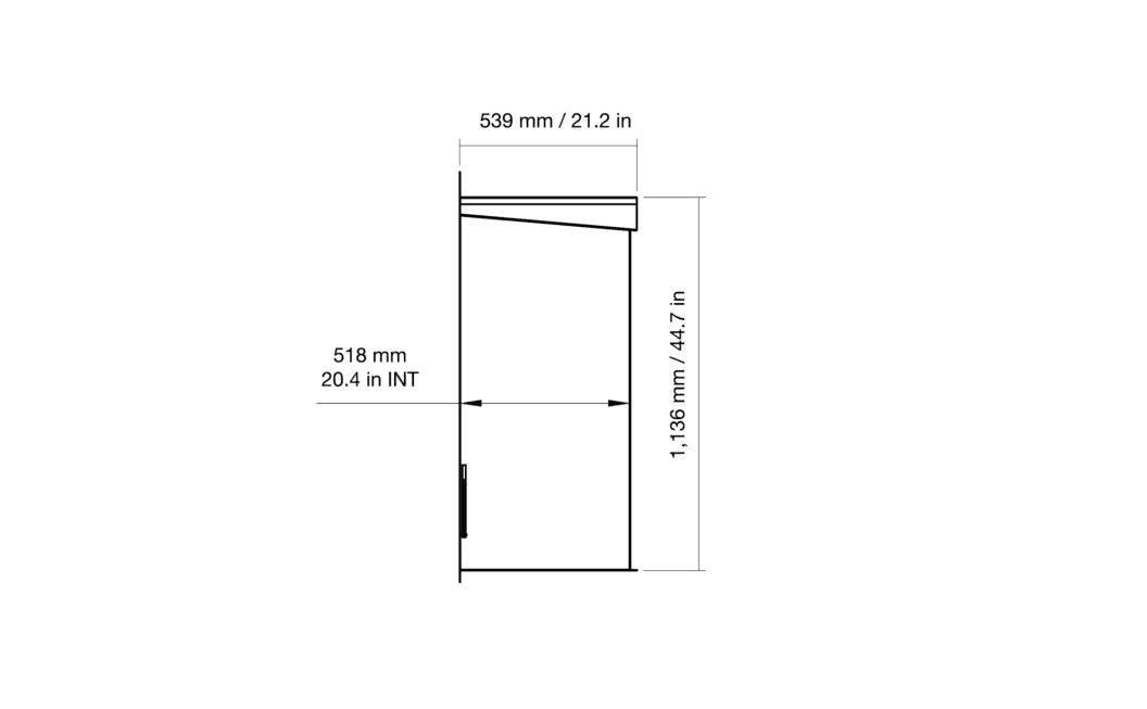 Side view technical drawing of EcoSmart Heritage 56SS Ethanol Fireplace Insert with depth and height measurements. Essential for fitting indoor fireplaces.