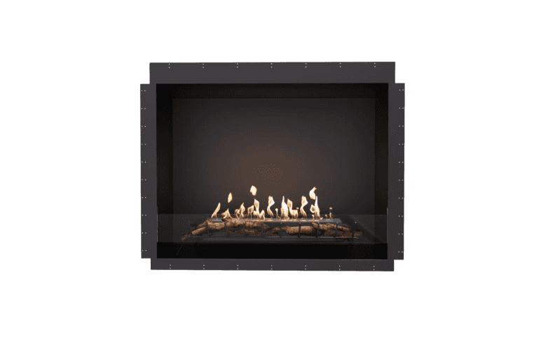 EcoSmart Heritage 56SS Ethanol Fireplace Insert with black frame and glass front, showcasing realistic flames. Designed for modern indoor fireplace setups.