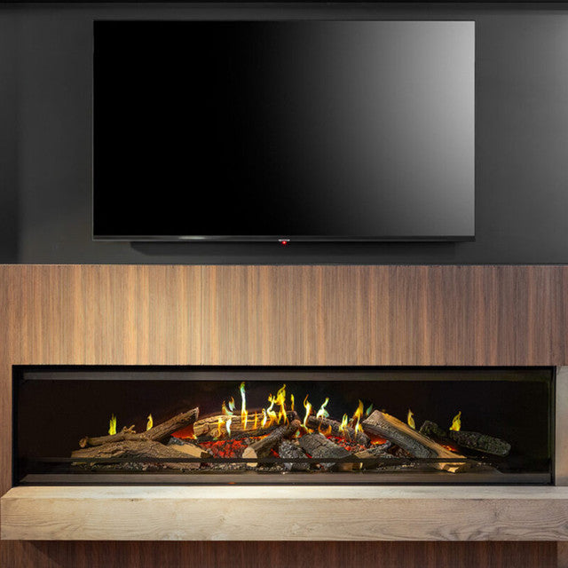 The NetZero Fire E-One 190 Single-Sided Electric Fireplace installed in a modern living room with minimalist décor.