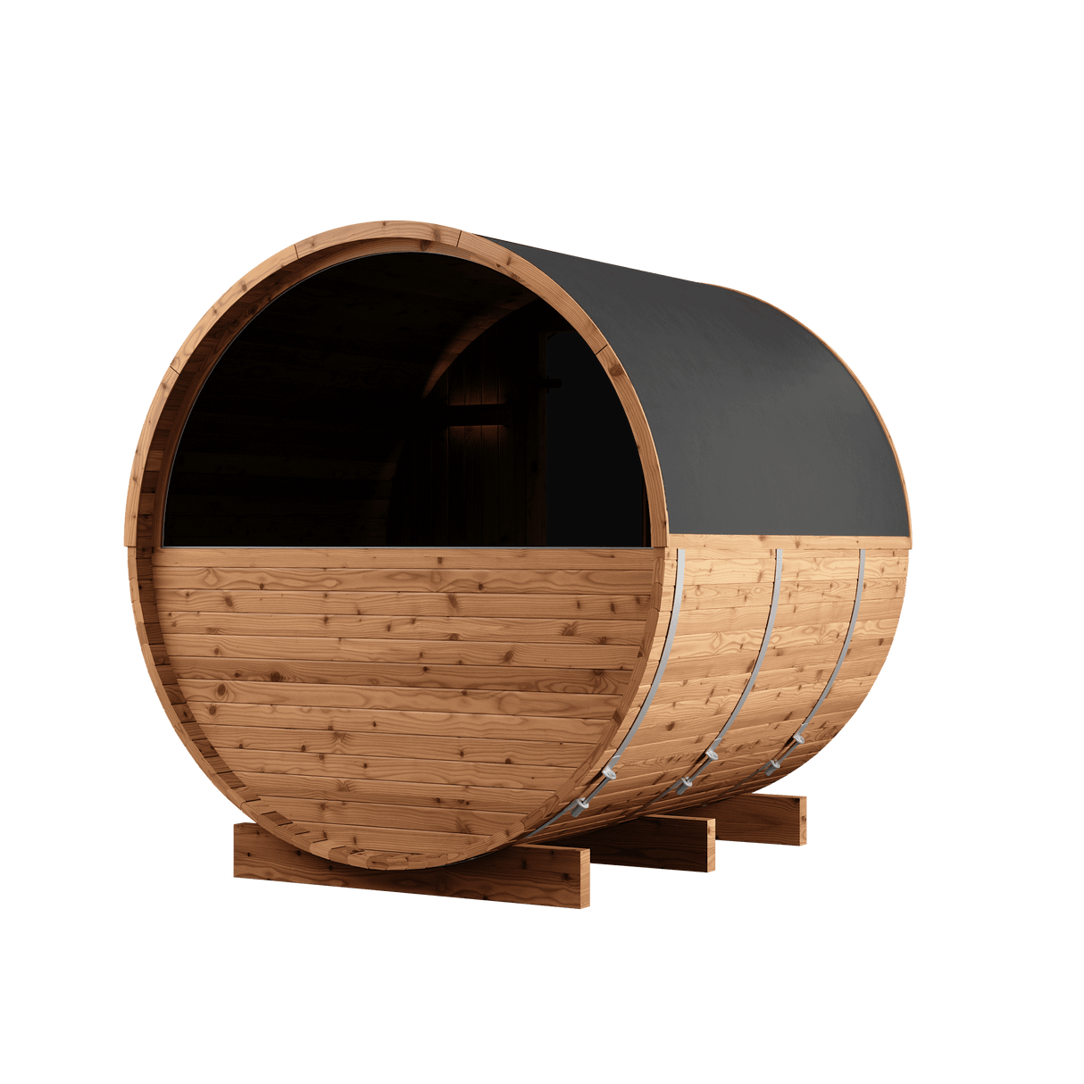Rear angled view of Thermory Barrel Sauna Model #60 DIY Kit with curved roof and wooden exterior. Ideal for home garden or spa installations.