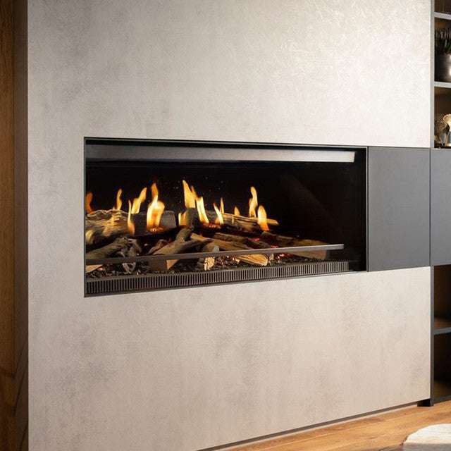 NetZero Fire E-One 130F 3D Electric Fireplace - Front - AA-11-05387 integrated into a modern wall unit, showcasing lifelike flames and sculpted logs.