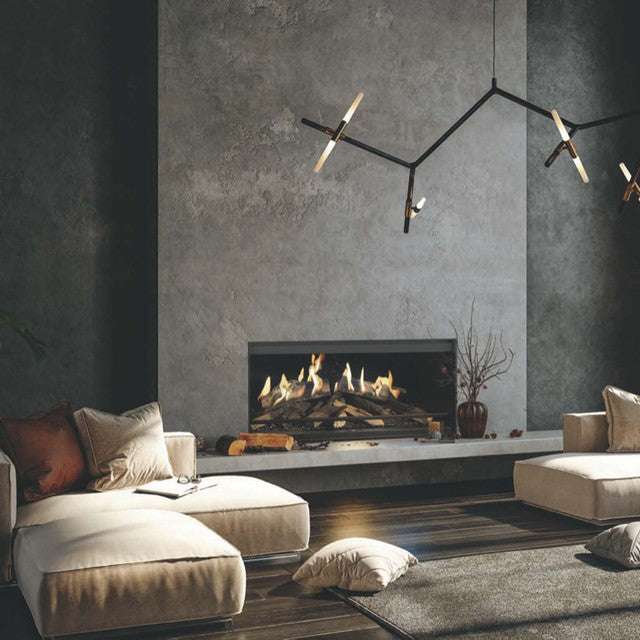 NetZero Fire E-One 130F 3D Electric Fireplace - Front - AA-11-05387 in a dark-toned luxury living room with ambient lighting and contemporary furniture.