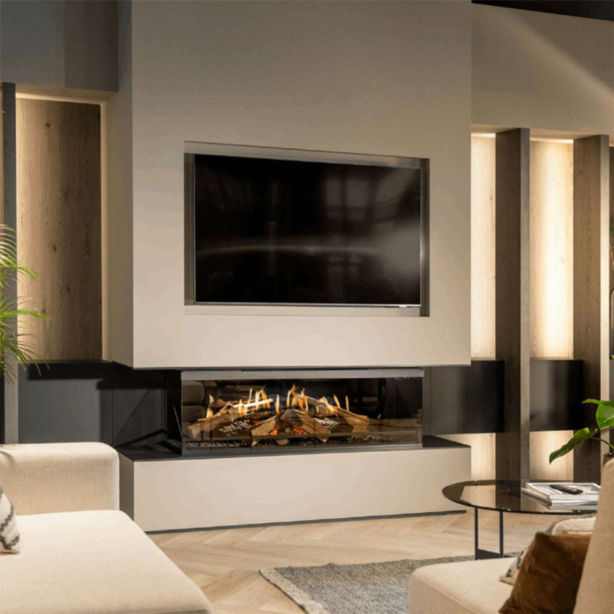 Contemporary living space with NetZero Fire E-One 130B 3D Electric Fireplace - Bay, showcasing its wide glass front and sculpted log design.