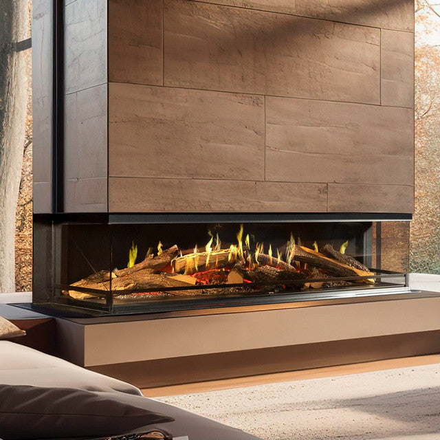 NetZero Fire E-One 190 Bay Electric Fireplace showcasing its modern and elegant three-sided bay design.