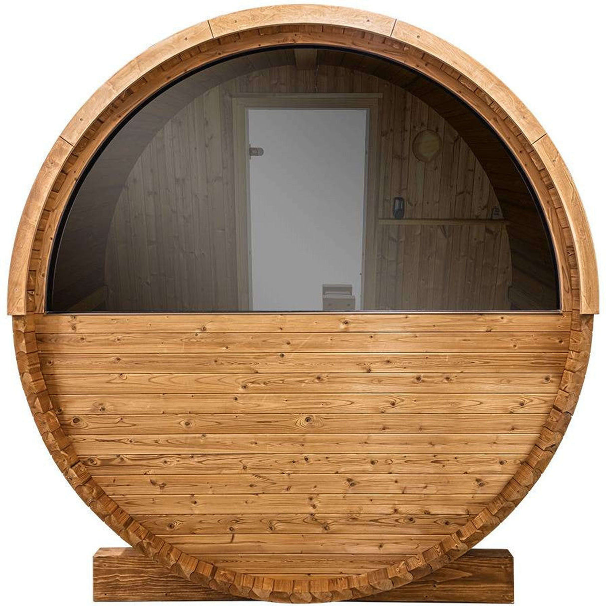 Back view of Thermory Barrel Sauna Model #60 DIY Kit featuring large panoramic window and wood finish. Enhances outdoor spa experience.