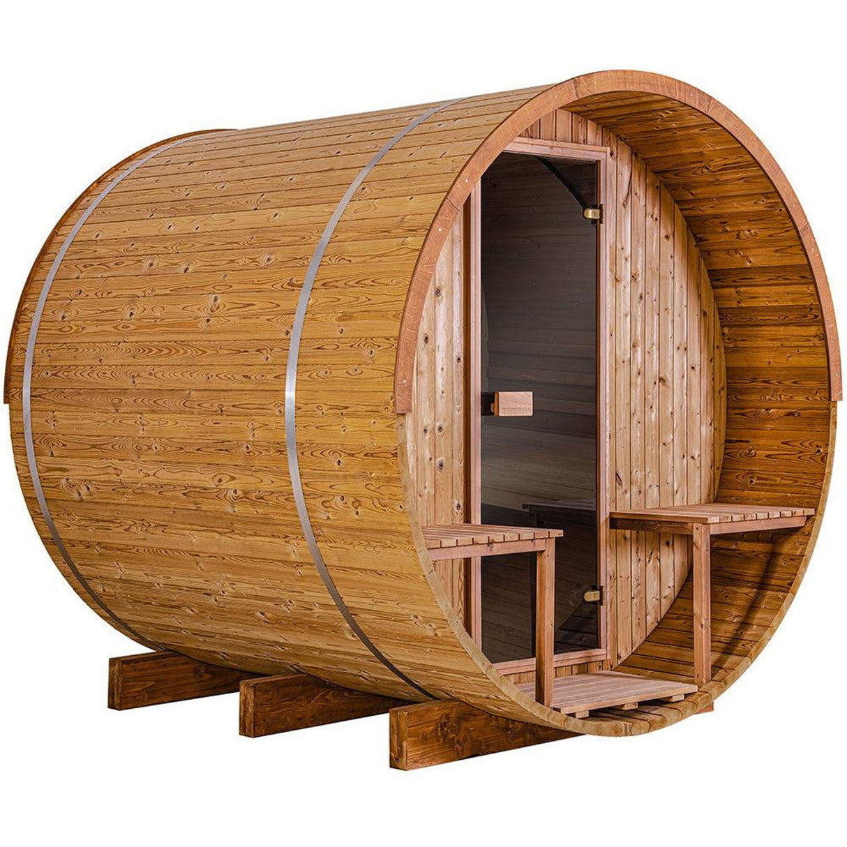 Angled front view of Thermory Barrel Sauna Model #60 DIY Kit with porch and glass door. Crafted from durable wood for outdoor relaxation.