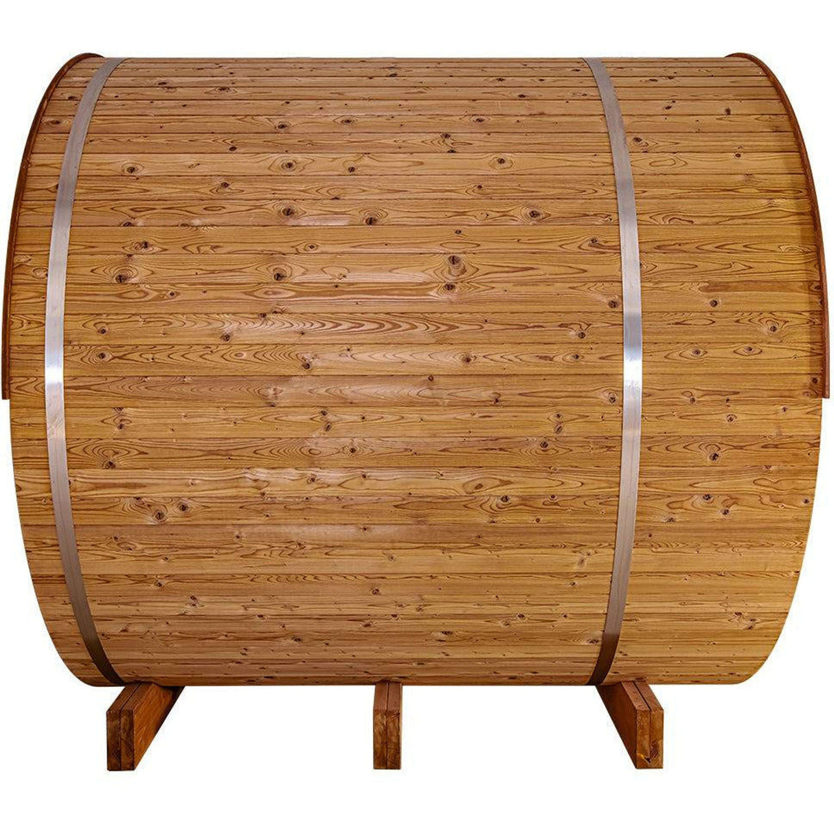 Side view of Thermory Barrel Sauna Model #60 DIY Kit showing cylindrical wood design and metal bands. Built for durability and style.