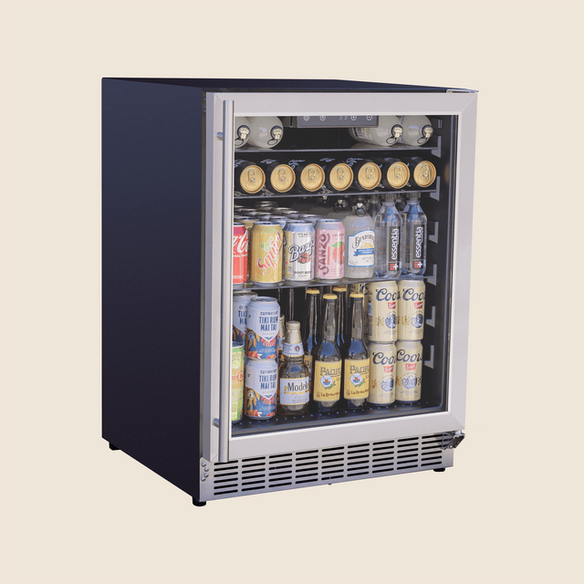 Summerset RFR-24G Outdoor Glass Door Refrigerator - angled view stocked