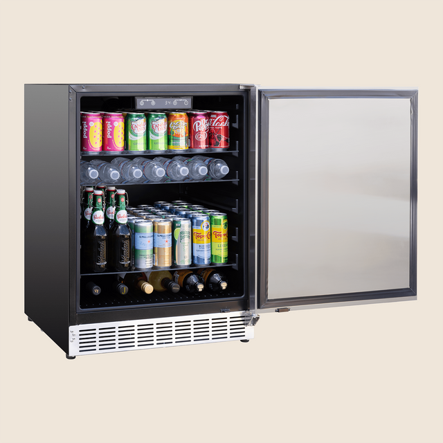 Summerset RFR-24S-A 24-Inch Outdoor Refrigerator - angled view door open and stocked