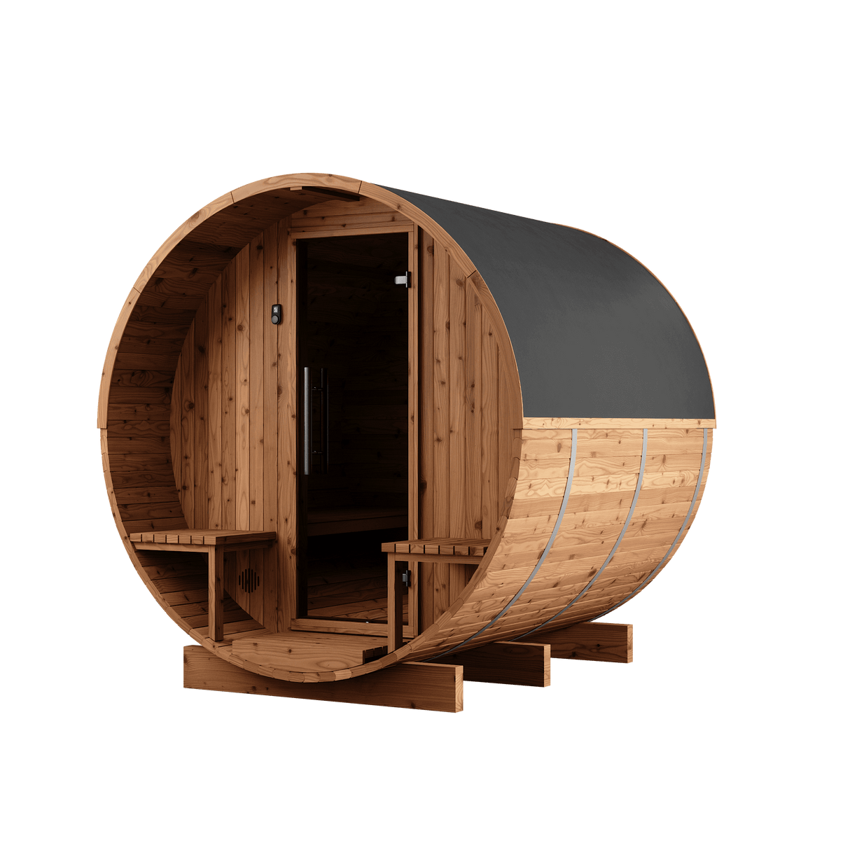 Angled view of Thermory Barrel Sauna Model #60 DIY Kit showing porch, curved roof, and durable wood construction. Perfect for backyard wellness retreats.