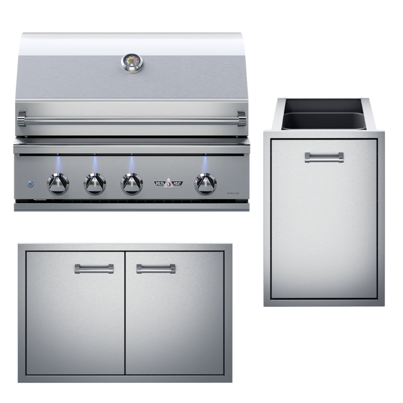 Delta Heat 32 Inch Built-In Gas Grill Three Piece Package with Double Doors & Double Trash Drawer