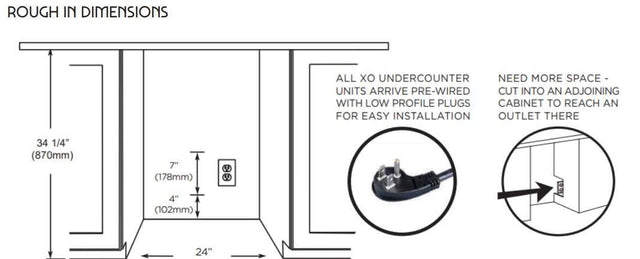 Rough-in dimensions for XO 24 Inch Dual Zone Wine Cooler installation, including outlet placement and cabinet cut-out space.