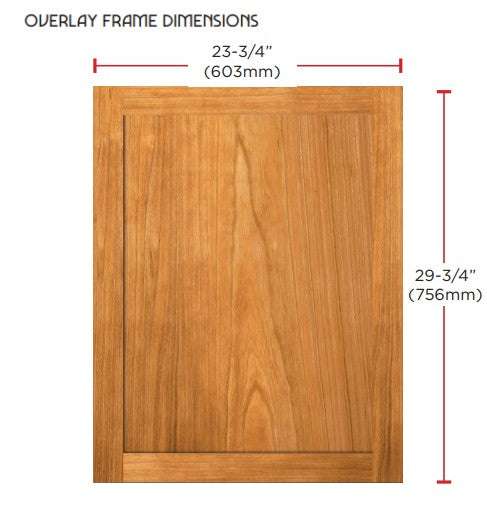 Overlay frame dimensions for XO 24 Inch Dual Zone Wine Cooler panel ready door, measuring 23-3/4 inches wide by 29-3/4 inches high.