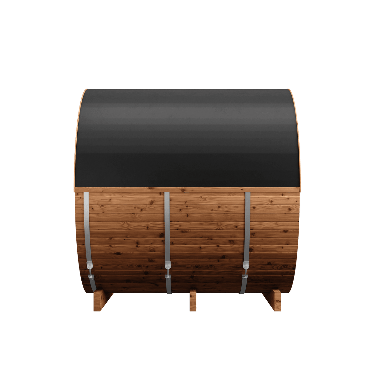Side profile of Thermory Barrel Sauna Model #60 DIY Kit showing black roof cover and stainless steel bands. Durable and weather-resistant sauna design.
