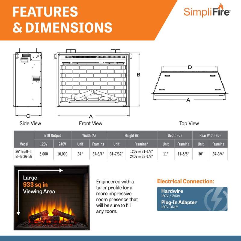 Simplifire 36" Built-In Electric Fireplace | SF-BI36-EB