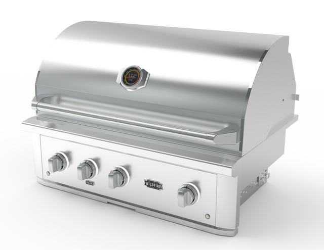 Wildfire Brushed Stainless designer knobs and handle shown fitted to a Ranch Pro grill