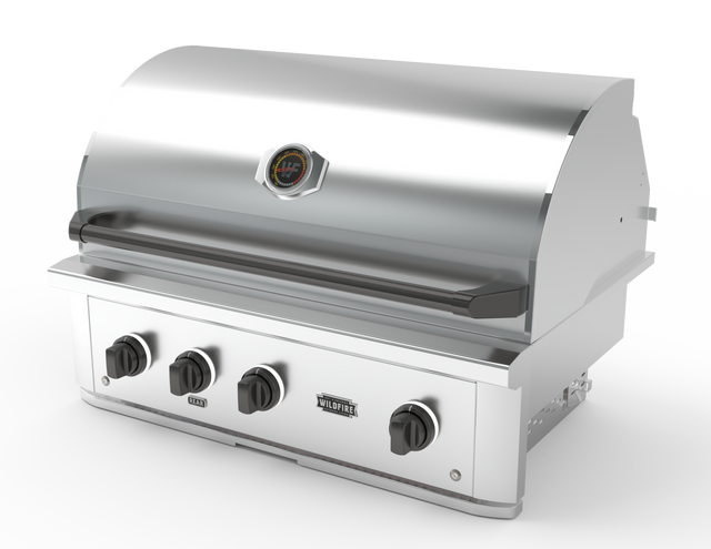 Wildfire Chrome Black designer knobs and handle shown fitted to a Ranch Pro grill