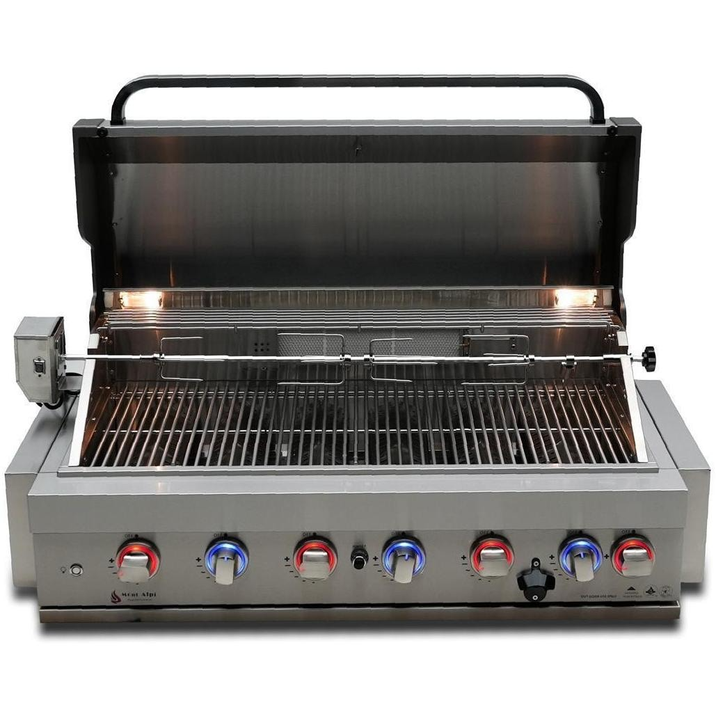 Mont Alpi 6-Burner Gas Grill Stainless Steel Art-Wood Island W/ Refrigerator, Infrared Rear Burner & Rotisserie Kit - MA805-AW