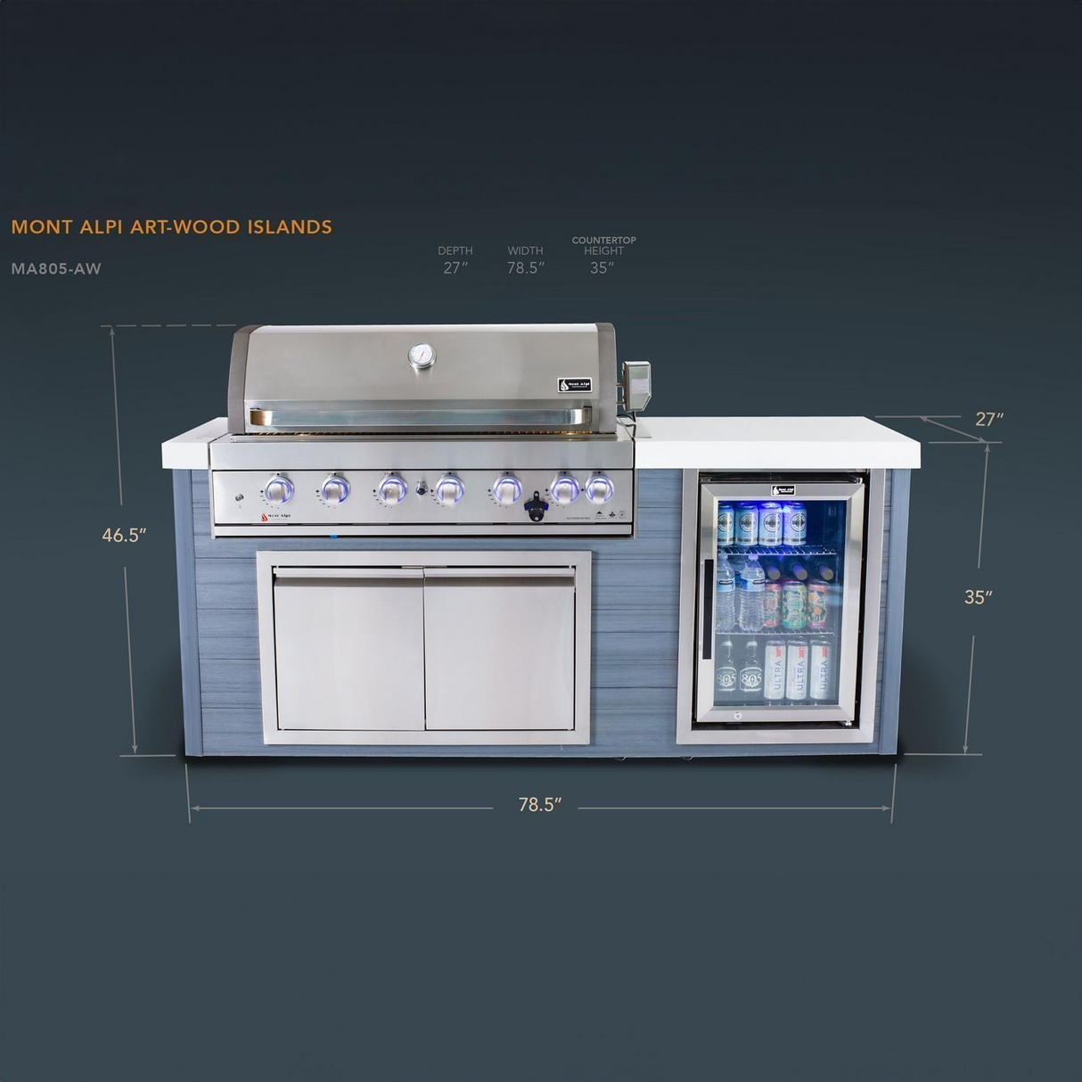 Mont Alpi 6-Burner Gas Grill Stainless Steel Art-Wood Island W/ Refrigerator, Infrared Rear Burner & Rotisserie Kit - MA805-AW