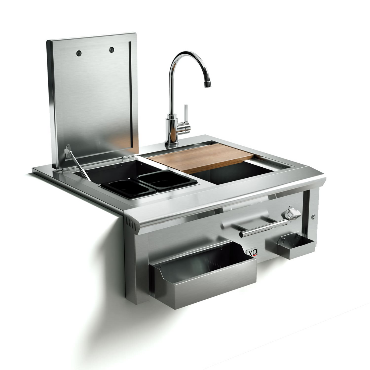 XO 30 Inch Cocktail Pro Station with Sink, Ice Bin, Chilled Bins, Faucet, Hand Towel Bar and Bottle Caddy